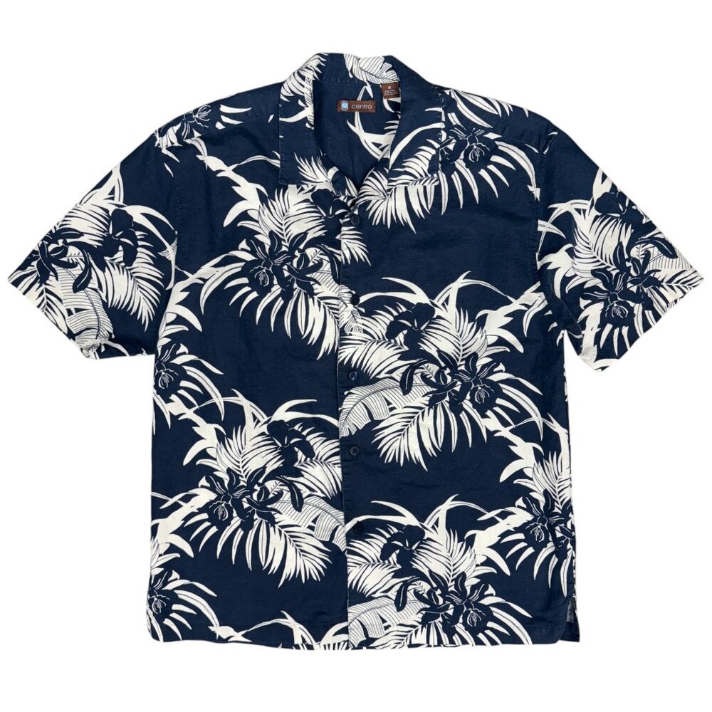 EUC Men's CENTRO Blue White Tropical Linen Blend Short Sleeve‎ Shirt | Size M